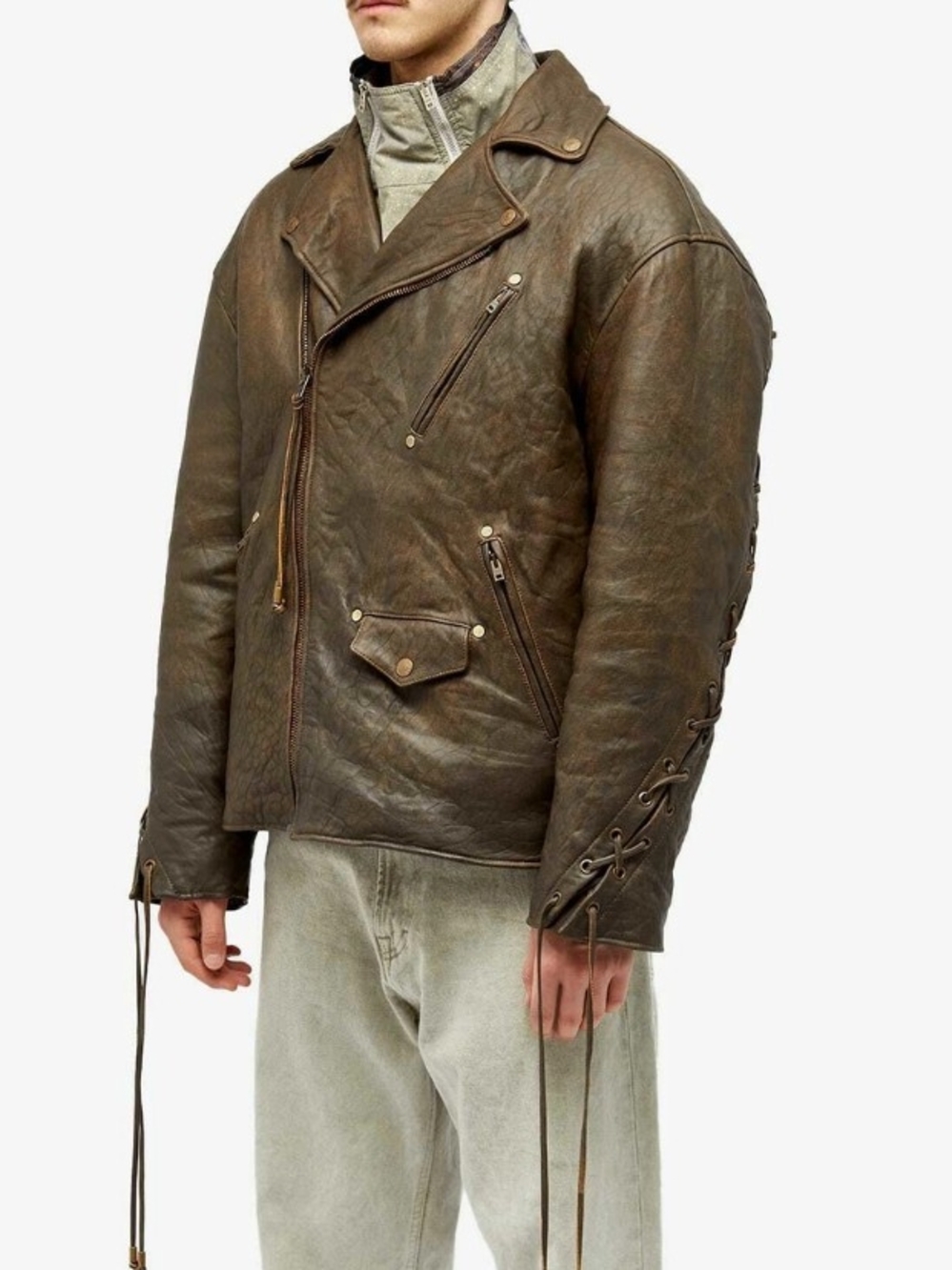 Acne Studios Distressed Laced Leather Biker Jacket Brown Size 46